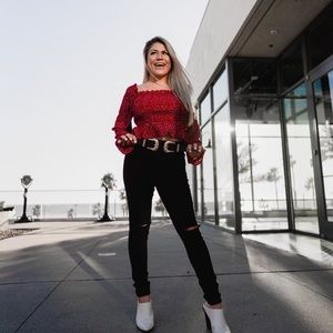 Burgundy off the shoulder white polka dot top